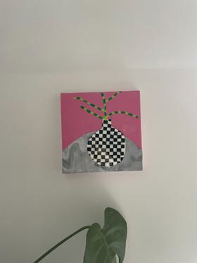 Pink & Checker Vase Collage/Painting