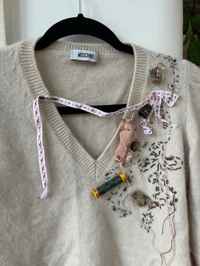 V-Neck Wool Sweater, Sewing Embroidery