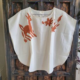 Deer & Flora Embroidered Linen Poncho