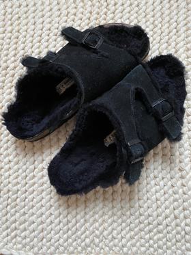 Suede Shearling Two Strap Sandal
