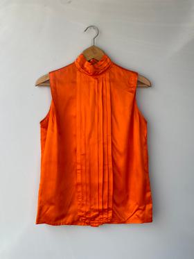 Orange Silk Satin Pleated Blouse