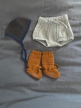 Booties, bonnet, and bloomers