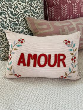 Amour hand embroidered pillow cover