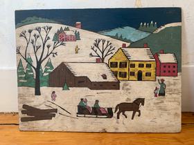 Vintage Folk Art Painting / Winter Scene