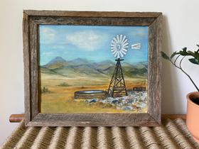 70s painting, landscape with windmill