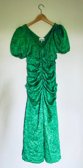 Green Crinkled Satin Midi Dress