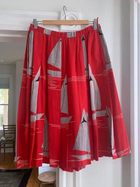 Silk Pleated Midi Skirt with Sailboats