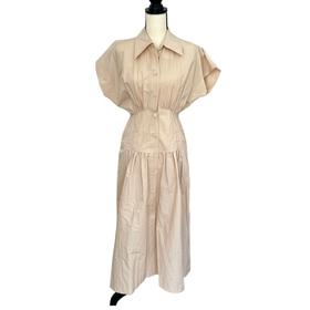 Beige Waist Shirring Midi Dress