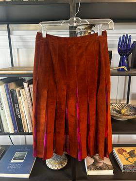 Brown Suede Knee Length Pleated Skirt