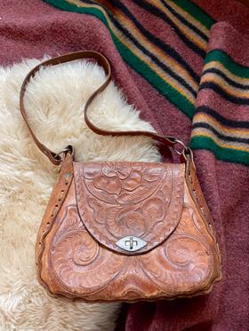 Large Vintage tooled leather saddle bag